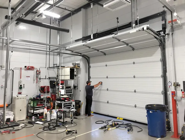 Pasadena Garage Door Repair certified technician performing commercial door repair at a Pasadena business facility