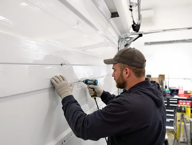 Pasadena Garage Door Repair technician demonstrating precision dent removal techniques on a Pasadena garage door