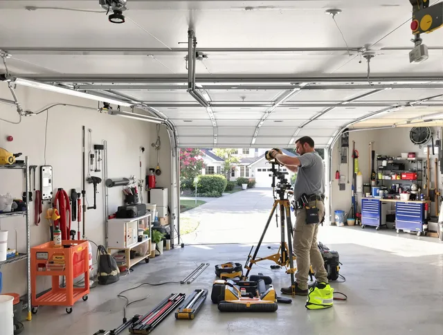 Pasadena Garage Door Repair specialist performing laser-guided track alignment in Pasadena